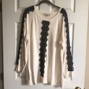 AT LOFT 20/22 Plus Cream Sweater w Black Lace. NWT